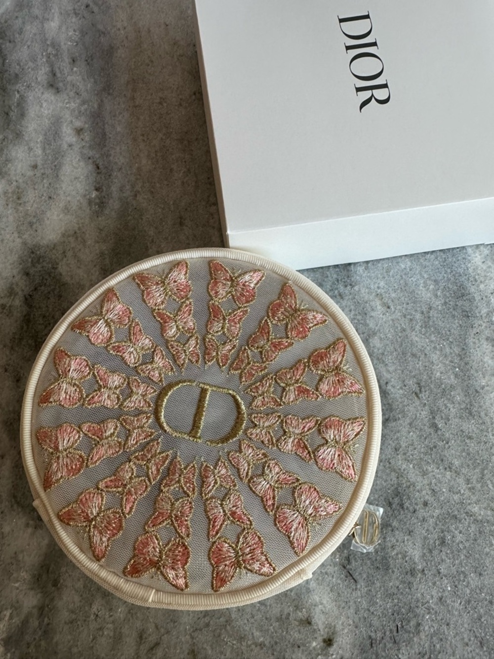 Authentic Dior Beauty Pink & Gold Embroidered Butterfly Round Mesh Makeup Pouch